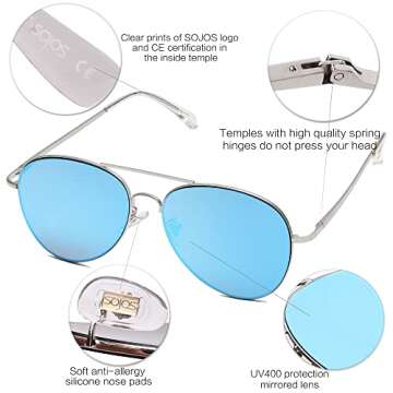 SOJOS Classic Sunglasses for Women Men Metal Frame Spring Hinges SJ1030, Silver/Blue