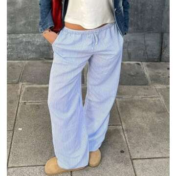 Women Drawstring Striped Pants High Waist Wide Leg Lounge Pants Casual Relaxed Fit Pajama Bottoms Y2...
