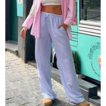 Women Drawstring Striped Pants High Waist Wide Leg Lounge Pants Casual Relaxed Fit Pajama Bottoms Y2k Streetwear Sky Blue