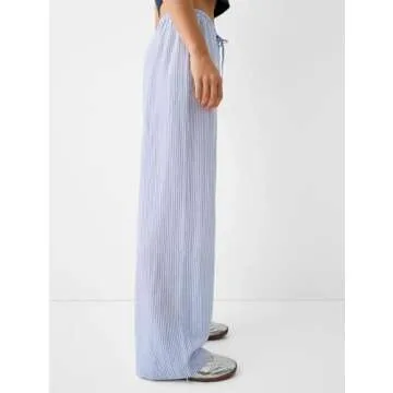 Women Drawstring Striped Pants High Waist Wide Leg Lounge Pants Casual Relaxed Fit Pajama Bottoms Y2k Streetwear Sky Blue