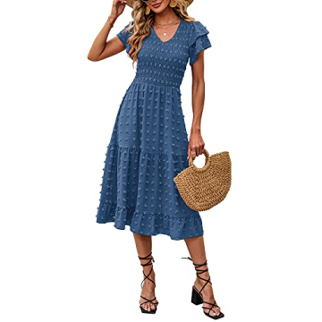 BTFBM Women Casual Summer Short Ruffles Tiered Sleeve Smocked Midi Dresses Bohemian Floral V Neck We...
