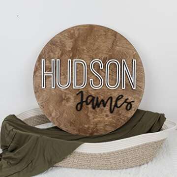 Custom Round Nursery Name Sign, Personalized Wooden Wall Plaque, 12" 18" 24", 30" 3D Wall Art for Children & Kids Rooms, Baby Shower, Hickory Hollow Designs (Hudson James)