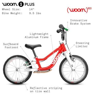 woom 1 Plus Balance Bike for Kids 3 to 4.5 Years Old, Lightweight 14-Inch Children’s Push Bicycle with Handbrake & Steer Limiter, Boys & Girls - Red