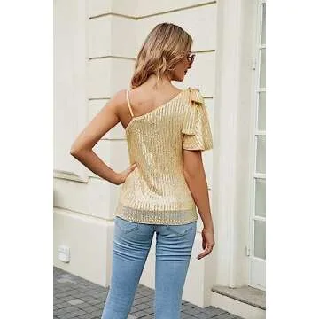 JASAMBAC Sparkle Sequin Strappy Tank Top Short Sleeve One Shoulder Camisole for Cocktail Party Gold XL