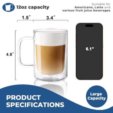 Aquach 12 oz Double Walled Glass Coffee Mugs - 2-Pack