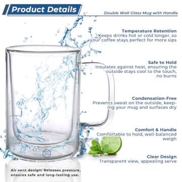 Aquach 12 oz Double Walled Glass Coffee Mugs - 2-Pack