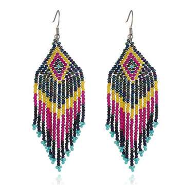 Bohemian Long Tassel Statement Beaded Drop Earring Colorful Handmade Boho Seeds Beads Fringe Dangle ...