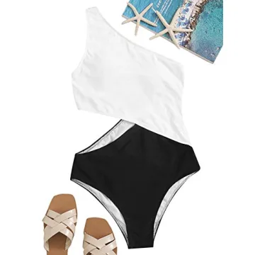 SweatyRocks Women's Bathing Suits One Shoulder Cutout One Piece Swimsuit Swimwear Monokini Black and White Small.