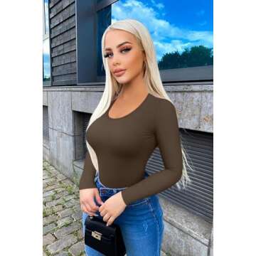 OQQ Women's 2 Piece Bodysuits Sexy Ribbed One Piece Long Sleeve Crew Neck Tops Bodysuits