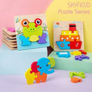 SKYFIELD Wooden Vehicle Toddler Puzzles for 1 2 3 Years Old Boys & Girls, Baby STEM Educational Toy Gift with 4 Vehicles Montessori Learning Puzzles, Bright Vibrant Color Shapes