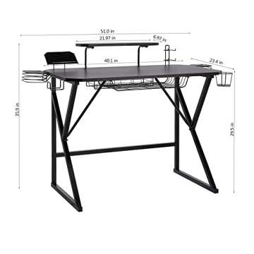 Amazon Basics Rectangular Gaming Computer Desk With Storage For Controller, Headphone & Speaker, Black, 23.4" D x 51" W x 35.9" H