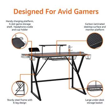 Amazon Basics Rectangular Gaming Computer Desk With Storage For Controller, Headphone & Speaker, Black, 23.4" D x 51" W x 35.9" H