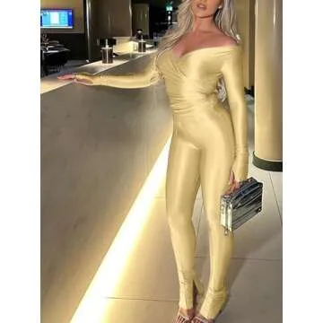 acelyn 2 Piece Outfits for Women Sexy Off Shoulder Tops Bodycon Flared Pant Sets Club Outfits Tracksuit Light Gold L