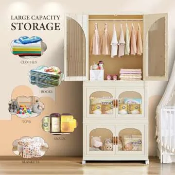 EHAMILY Portable Kids Closet Children's Wardrobe Collapsible Plastic Baby Clothes Large Cabinet Bedroom Nursery Armoire Quick Install Toddler Dresser with Hanging Rod and Door,White