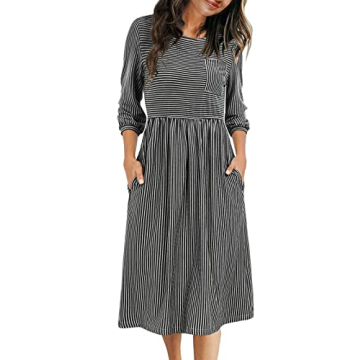 Stylish MEROKEETY Women's Striped Midi Dress with Pockets