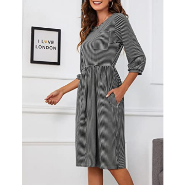 Stylish MEROKEETY Women's Striped Midi Dress with Pockets