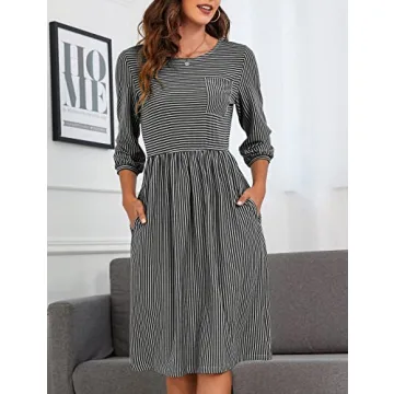Stylish MEROKEETY Women's Striped Midi Dress with Pockets
