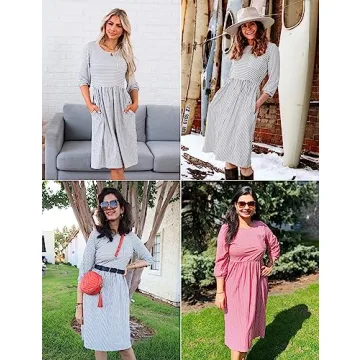 Stylish MEROKEETY Women's Striped Midi Dress with Pockets