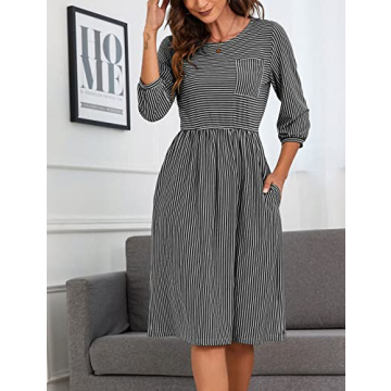 Stylish MEROKEETY Women's Striped Midi Dress with Pockets