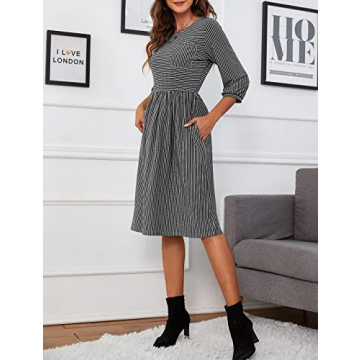 Stylish MEROKEETY Women's Striped Midi Dress with Pockets