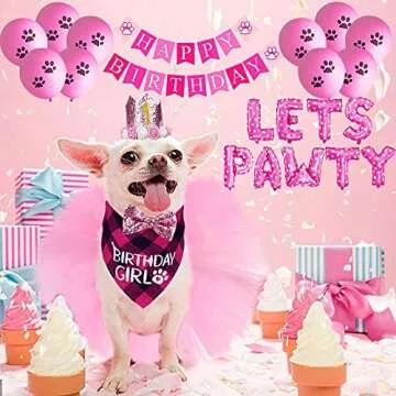 STMK Dog Birthday Outfit, Dog Birthday Bandana Girl with Dog Birthday Number Hat Bowtie Tutu Skirt Cake Toy Lets Pawty Paw Balloons Dog Happy Birthday Banner for Dog Puppy Birthday Party Supplies