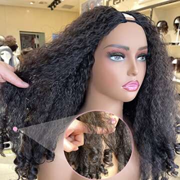 New Afro Curly V Part Wig Synthetic Braided Hair Texture with Unique Bouncy Curls in the End 20 Inch Soft Curly Full Hair V Part Wigs Synthetic for Black Women No Leave out Clip in Half Wig