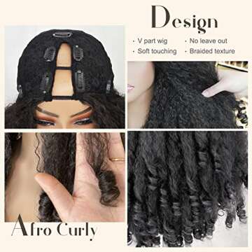 New Afro Curly V Part Wig Synthetic Braided Hair Texture with Unique Bouncy Curls in the End 20 Inch Soft Curly Full Hair V Part Wigs Synthetic for Black Women No Leave out Clip in Half Wig