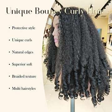 New Afro Curly V Part Wig Synthetic Braided Hair Texture with Unique Bouncy Curls in the End 20 Inch Soft Curly Full Hair V Part Wigs Synthetic for Black Women No Leave out Clip in Half Wig