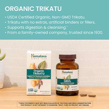 Himalaya Organic Trikatu, Herbal Supplement for Occasional Heartburn, Digestive Support, Gas, Bloating, Overeating, Ginger, Black Pepper, Non-GMO, USDA Organic, Vegan, 60 Plant-Based Caplets