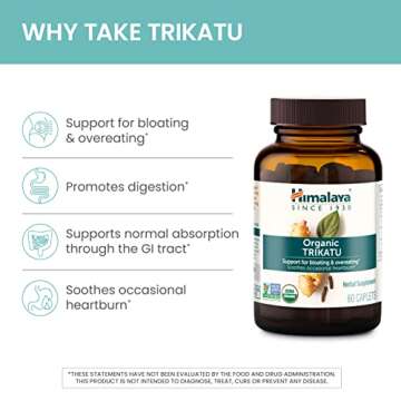Himalaya Organic Trikatu, Herbal Supplement for Occasional Heartburn, Digestive Support, Gas, Bloating, Overeating, Ginger, Black Pepper, Non-GMO, USDA Organic, Vegan, 60 Plant-Based Caplets
