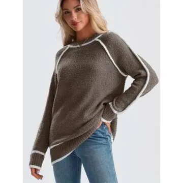 LILLUSORY Women's Chunky Oversized Sweaters Pullover Knit Trendy Outfits Color Block 2024 Winter Clothes Nutmeg M