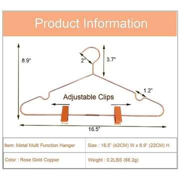 10Pack Koobay 16.5" Metal Hook Wire Rose Gold Copper Hangers with Clips Clothes Stroage Coat Hangers