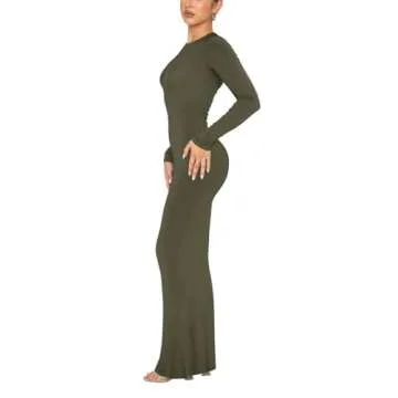 REORIA Women's Fall Sexy Casual Crew Neck Lounge Long Dress Formal Wedding Guest Long Sleeve Ribbed ...