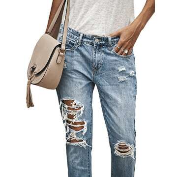 Liyuandian Womens Ripped Boyfriend Jeans Distressed Jeans Destroyed Blue Denim Pants (1L, B-blue)
