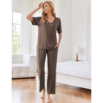 Ekouaer Lounge Sets for Women Ribbed Pajama Set Short Sleeve Top and Long Pants Set with Pockets Sleep Set Brown