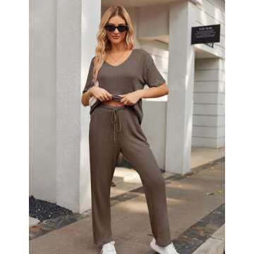 Ekouaer Lounge Sets for Women Ribbed Pajama Set Short Sleeve Top and Long Pants Set with Pockets Sleep Set Brown