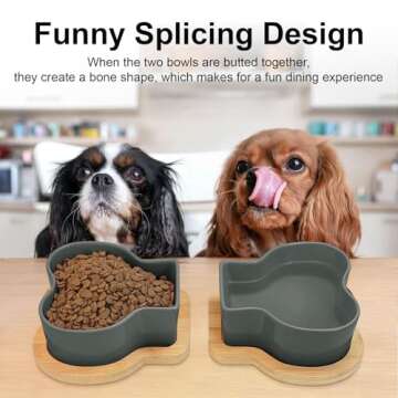 PWTAA Ceramic Dog Food Bowl Bone Shape Dog Double Bowl for Food and Water Pet Feeder Funny Puppy Feeding Bowl Suitable Small Medium-Sized Dogs Cats Dishes Durable Set of 2, Grey