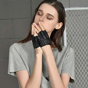 FIORETTO Womens Fingerless Leather Gloves for Driving Unlined Half Finger Punk Gloves for Motorcycle...