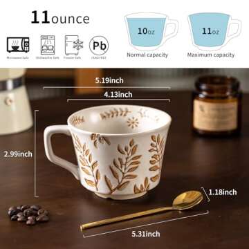 Noevany Ceramic Mugs 11 oz Unique Luxurious Cups Set of 4 with Premium Spoon, Mug for Coffee Milk Latte Cappuccino Tea, for Office Home Dishwasher Birthday Gift Microwave Freezer Safe Stoneware Mixed