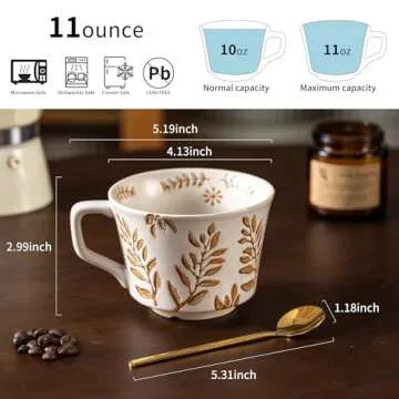 Noevany Ceramic Mugs 11 oz Unique Luxurious Cups Set of 4 with Premium Spoon, Mug for Coffee Milk Latte Cappuccino Tea, for Office Home Dishwasher Birthday Gift Microwave Freezer Safe Stoneware Mixed