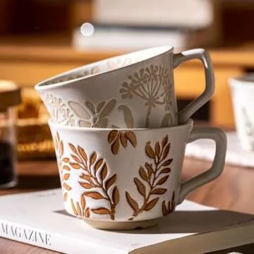 Noevany Ceramic Mugs 11 oz Unique Luxurious Cups Set of 4 with Premium Spoon, Mug for Coffee Milk Latte Cappuccino Tea, for Office Home Dishwasher Birthday Gift Microwave Freezer Safe Stoneware Mixed