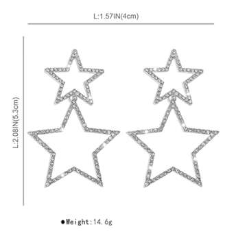 VRNGI Star Earrings for Women Dangling Silver Star Earrings Dangle Rhinestone Star Earrings Sparkle Star Drop Earrings Big Star Dangle Earrings Star Jewelry Silver Dangle Earrings for Women