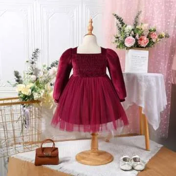 Toddler Kids Fall Winter Clothes: Baby Girls Princess Tulle Tutu Dress Long Sleeve Square Neck Smocked Pageant Wedding Christmas Birthday Party Holiday Photo Shoot Dress Red 18-24 Months