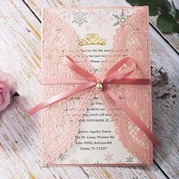 KUCHYNEE 5.12 x7.28 inch 50PCS Pink Blank Laser Cut Hollow Lace Wedding Invitations with Envelopes &...