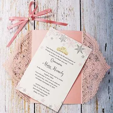 KUCHYNEE 5.12 x7.28 inch 50PCS Pink Blank Laser Cut Hollow Lace Wedding Invitations with Envelopes & Pearl Bowknot Quinceanera Invitation Cards for Wedding Invite