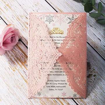 KUCHYNEE 5.12 x7.28 inch 50PCS Pink Blank Laser Cut Hollow Lace Wedding Invitations with Envelopes & Pearl Bowknot Quinceanera Invitation Cards for Wedding Invite