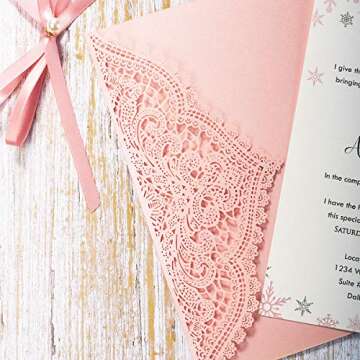 KUCHYNEE 5.12 x7.28 inch 50PCS Pink Blank Laser Cut Hollow Lace Wedding Invitations with Envelopes & Pearl Bowknot Quinceanera Invitation Cards for Wedding Invite