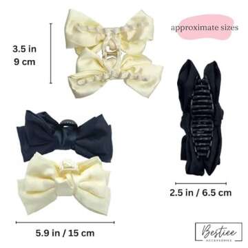 Bestiee Accessories 4-pack Hair Clip, Satin Bow Claw Clips for Women, 5.5x2.5x12 inches, Durable, Elegant Design, Great Gift Idea | White, Black, Pink, Blue
