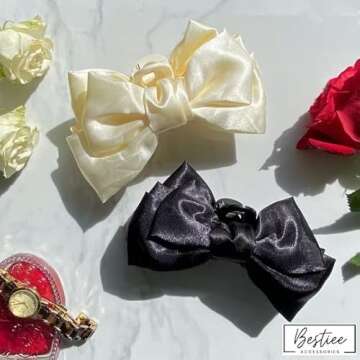 Bestiee Accessories 4-pack Hair Clip, Satin Bow Claw Clips for Women, 5.5x2.5x12 inches, Durable, Elegant Design, Great Gift Idea | White, Black, Pink, Blue