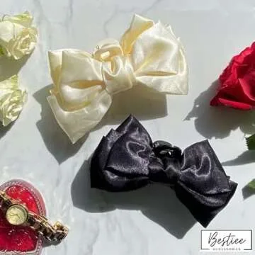 Bestiee Accessories 4-pack Hair Clip, Satin Bow Claw Clips for Women, 5.5x2.5x12 inches, Durable, Elegant Design, Great Gift Idea | White, Black, Pink, Blue